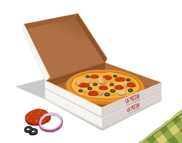 Vector Pizza Illustration Delivery Box Isolated White Background — Wektor stockowy