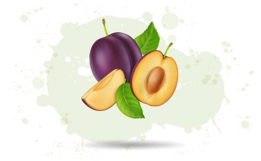 Purple Plum Fruit in the air with fruit slices and pieces with green leaves