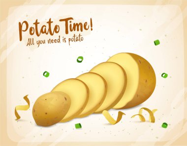 Kahverengi arka planda doğranmış patates kökü sebzesinin vektör çizimi