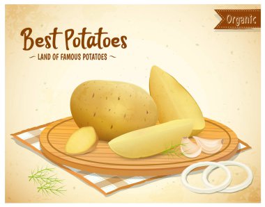 Patates ve patates parçaları vektör çizimi kahverengi arka planda yuvarlak ahşap kesim tahtasında