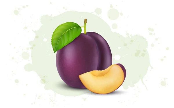 Plum Fruit Διανυσματική Απεικόνιση Φέτες Δαμάσκηνου Και Πράσινο Αφήσει Απομονωμένο — Διανυσματικό Αρχείο