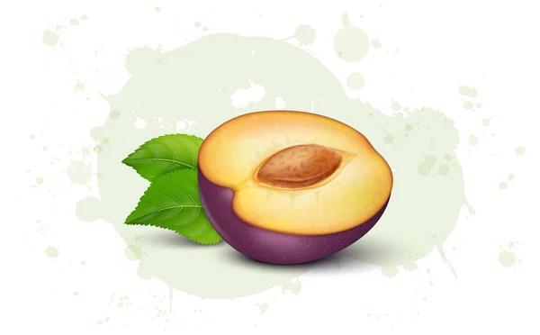 Juicy Purple Plum Fruit Half Slice Vector Illustration Green Leaves - Stok Vektor