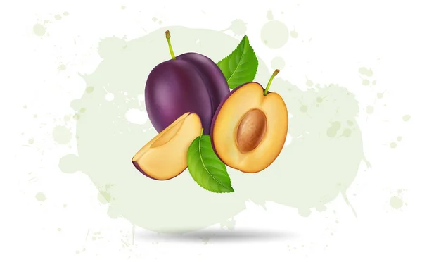 Purple Plum Fruta Aire Con Rodajas Frutas Trozos Con Hojas — Vector de stock