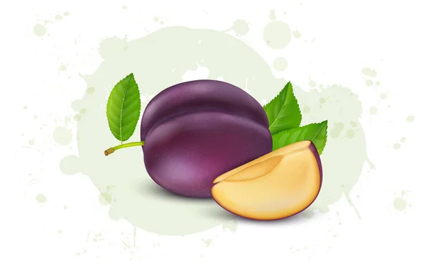 Plommon Frukt Vektor Illustration Med Plommon Skivor Och Gröna Blad — Stock vektor