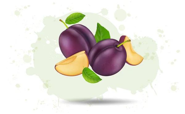 Ilustrasi Vektor Buah Plum Dengan Irisan Plum Dan Daun Hijau - Stok Vektor