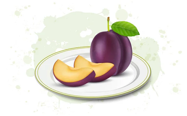 Juicy Purple Plum Fruits Vector Illustration Plum Slices — Stok Vektör