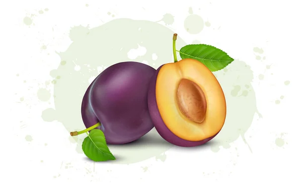 Set Van Purple Plum Met Green Leaves Vector Illustratie Geïsoleerd — Stockvector