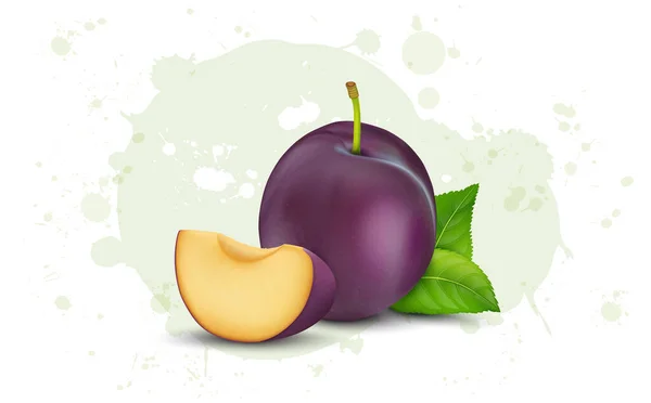 Fresh Juicy Plum Vector Illustration Plum Slice Green Leave — стоковый вектор