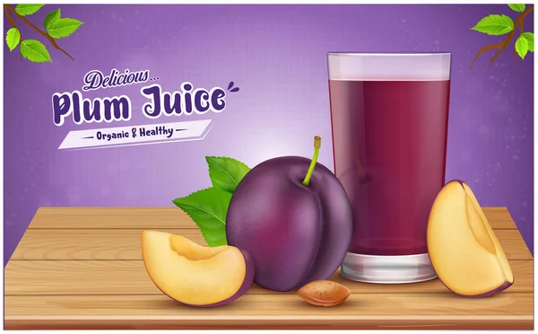 Delicious Plum Fruit Fruit Slices Juice Glass Vector Illustration Wooden — Vector de stock