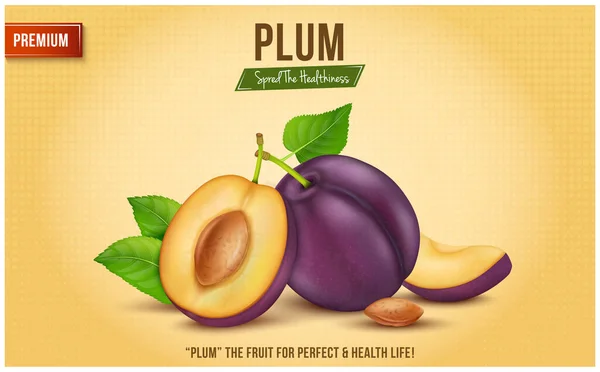 Fresh Plum Fruit Vector Illustration Half Piece Plum Yellow Background — Vector de stock