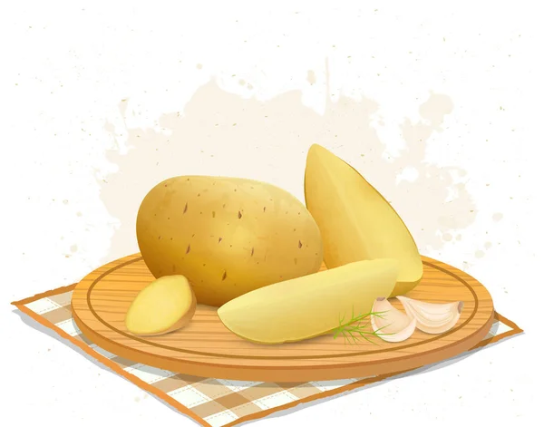 用马铃薯片在有大蒜丁香的圆形木制切菜板上的马铃薯病媒图解 — 图库矢量图片