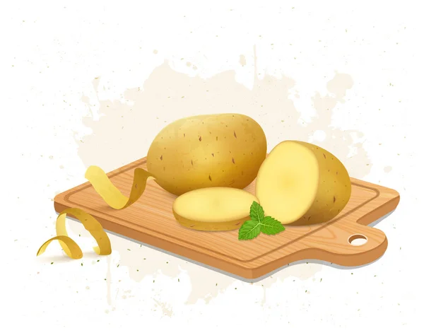 Patata Raíz Vegetal Vector Ilustración Tabla Cortar Madera Con Hojas — Vector de stock