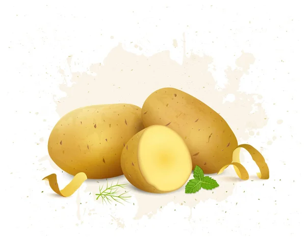 Ilustração Vetorial Batatas Com Meio Pedaço Legumes Batata Com Folhas —  Vetores de Stock