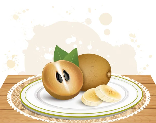 Sapodilla Frutta Vettoriale Illustrazione Con Mezzo Pezzo Frutta Sapodilla — Vettoriale Stock