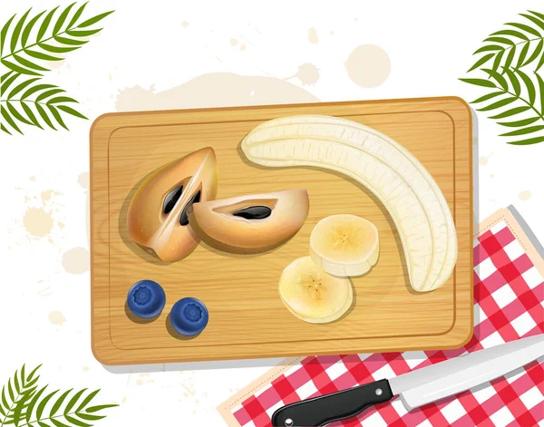 Sapodilla Fruit Vector Illustration Peeled Banana Wooden Chopping Board Top — Vector de stock