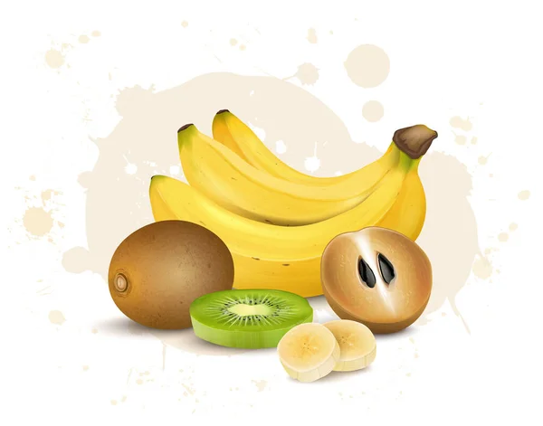 Sapodilla Und Bananenfruchtvektor Illustration Mit Kiwi Scheiben Isoliert Auf Weißem — Stockvektor