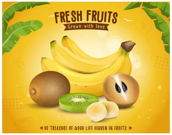 Sapodilla Plátano Vector Fruta Ilustración Sobre Fondo Amarillo — Vector de stock