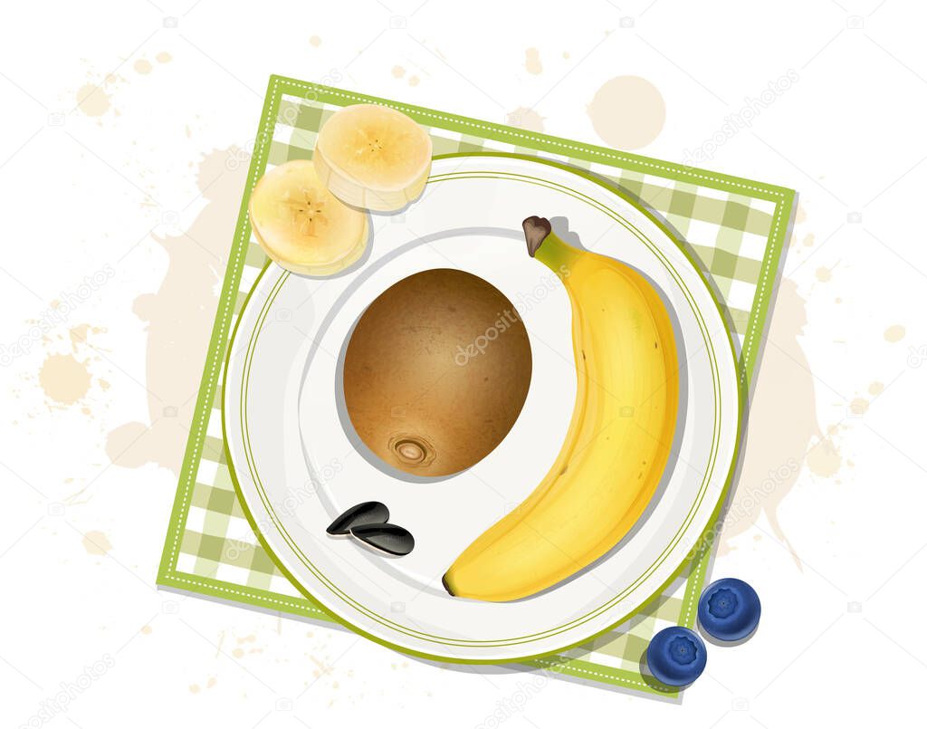 Sapodilla fruit  vector illustration with banana from top angle with banana slices