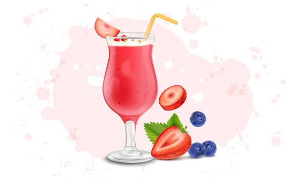 Erdbeer Smoothie Mit Erdbeerfrucht Und Blaubeer Vektorillustration — Stockvektor