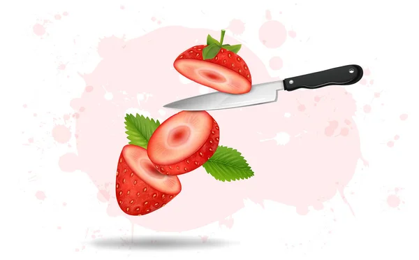 Strawberry Slices Knife Vector Illustration Isolated White Background — стоковый вектор