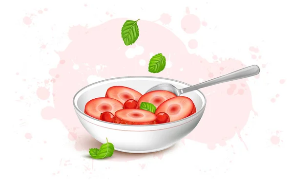 Eine Weiße Schüssel Voller Erdbeerscheiben Und Roter Beeren — Stockvektor