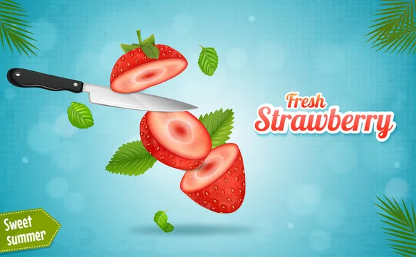 Fresh Strawberry Fruit Slices Vector Illustration Blue Background — Vector de stock