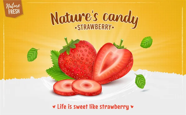 Fresh Delicious Strawberry Fruit Vector Illustration Green Leaves — Vector de stock