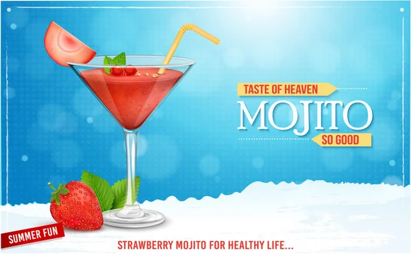 Fresh Healthy Strawberry Smoothie Martini Glass Blue Background Vector Illustration — Stockový vektor