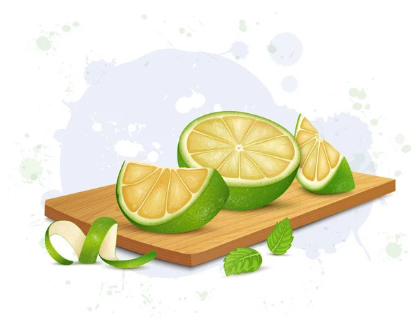 Half Piece Sweet Lemon Fruit Vector Illustration Fruit Slices Wooden — Stok Vektör