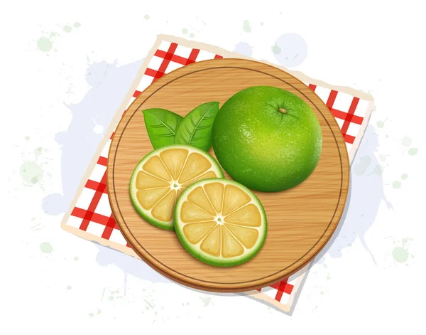 Sweet Lemon Fruit Vector Illustration Slices Mausami Fruit Wooden Chopping — Stok Vektör