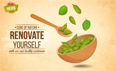 Taze yeşil kakule baharatları kahverengi arka plandaki ahşap kasede.