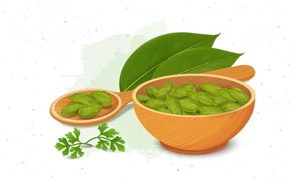 一个木制碗 盛满了绿色的豆荚和绿叶 — 图库矢量图片