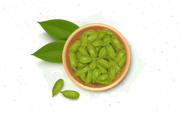 Wooden Bowl Filled Green Cardamom Pods Vector Illustration Top View — Vector de stock