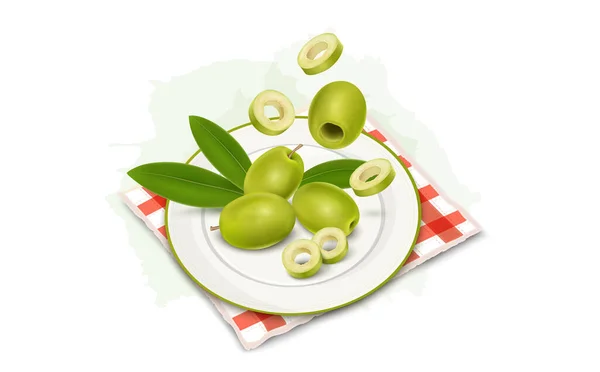 Green Olives Olive Slices Vector Illustration Green Leaves Top View — Vector de stock