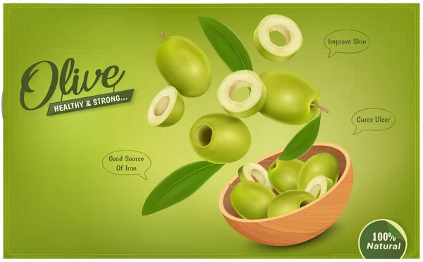 Fresh Green Olives Air Wooden Bowl Green Leaves Vector Illustration — Vector de stock