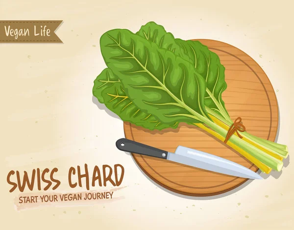 Swiss Chard Verde Vegetal Hoja Vector Ilustración Con Cuchillo Sobre — Vector de stock