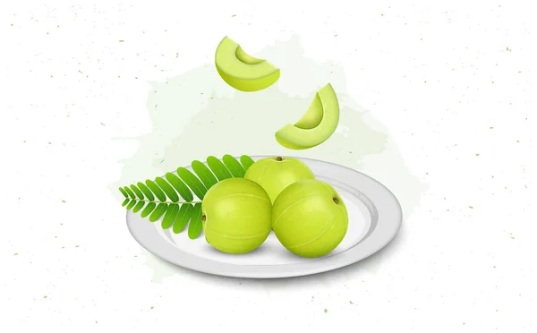Indian Gooseberry Amla Fruit Vector Illustration Amla Slices White Background — Vetor de Stock