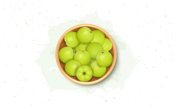 Wooden Bowl Full Indian Gooseberry Fruit Amla Vector Illustration Top — Stok Vektör