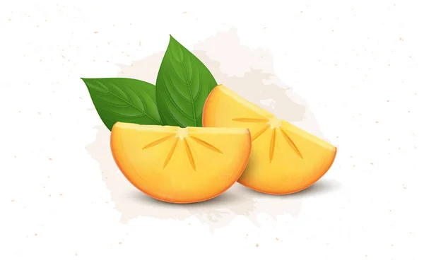 Persimmon Fruit Slices Vector Illustration Green Leaves - Stok Vektor