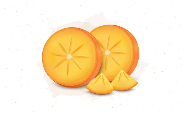 Persimmon Fruit Ronde Plakken Vector Illustratie Met Fruit Stukken — Stockvector