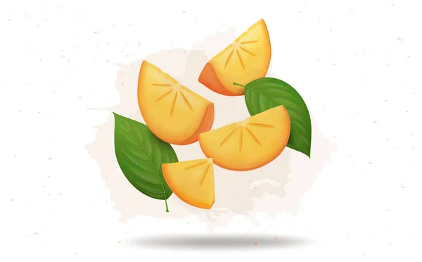 Persimmon Fruit Slices Vector Illustration Green Leaves - Stok Vektor