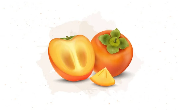 Vektor Ilustrasi Persimmon Vektor Buah Ilustrasi Dengan Setengah Buah - Stok Vektor