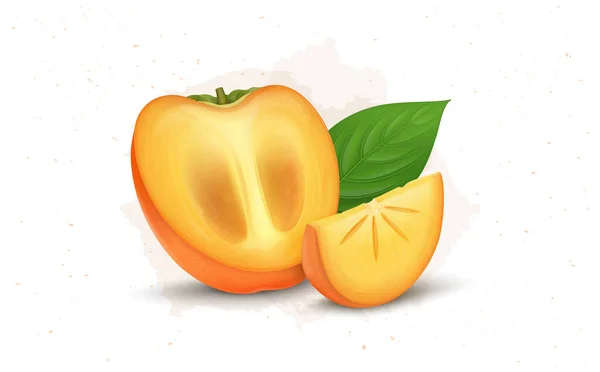 Pół Kawałek Persimmon Owoc Wektor Ilustracja Owocowy Plasterek Zielony Liść — Wektor stockowy