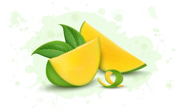 Fresh Ripe Mango Fruit Mango Slices Green Background Top View — ストックベクタ