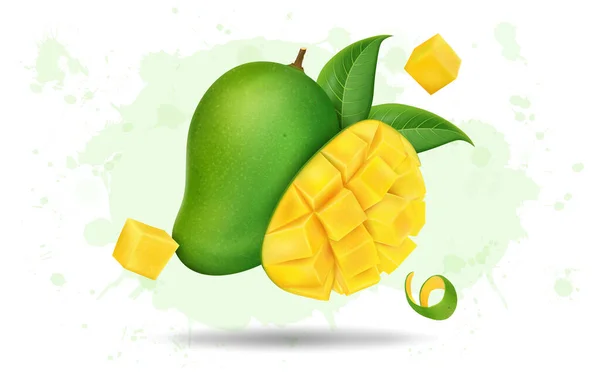 Fresh Ripe Mango Fruit Mango Slices Green Background Top View — Stock Vector