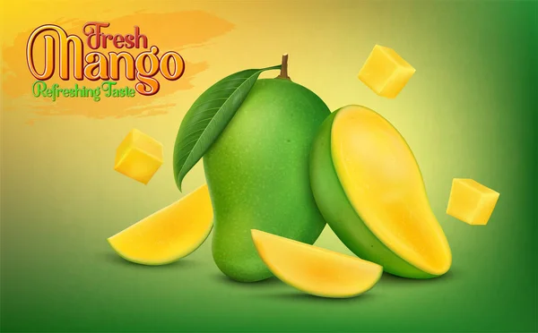 Frutto Fresco Mango Maturo Con Fette Mango Fondo Verde Dalla — Vettoriale Stock