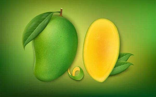 Fresh Ripe Mango Fruit Mango Slices Green Background Top View — Stock Vector