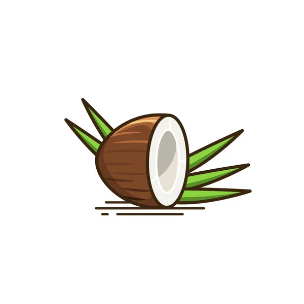 Half Piece Brown Coconut Vector Illustration Green Leaves — ストックベクタ