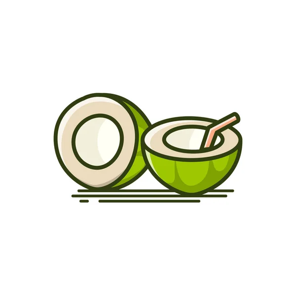 Mitad Pieza Coco Agua Verde Vector Icono Con Paja — Archivo Imágenes Vectoriales