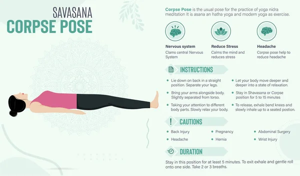 Corpse Pose Guide Benefits Yoga Poses Vector Illustration — Vettoriale Stock